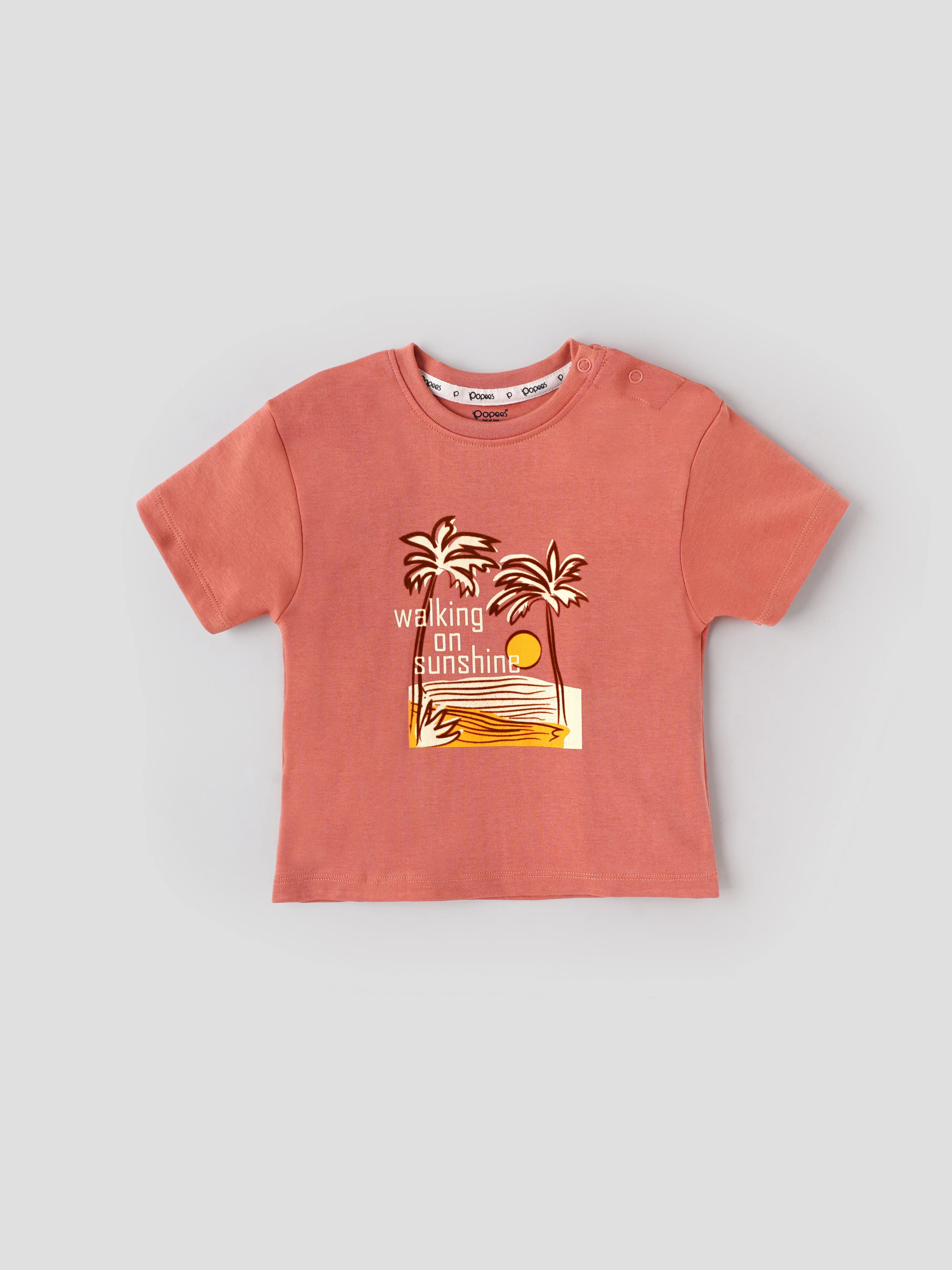 Popees Baby Boys Printed T-Shirt with Shorts Set| Coral & Beige| 3-36 Months - Image 2