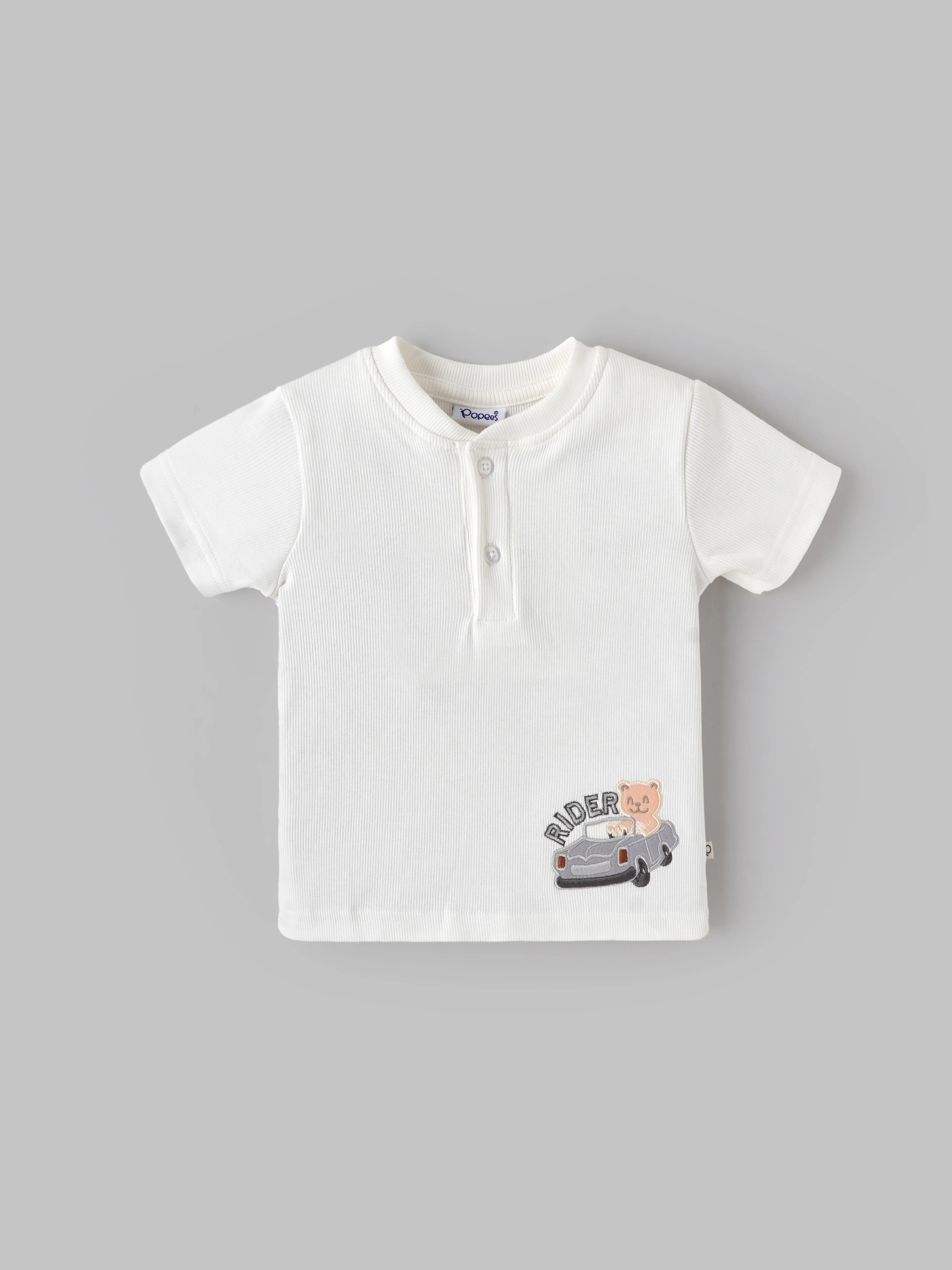 Popees Baby Boys Ribbed Henley T-Shirt with Embroidery| White| 9 Months To 4 Years