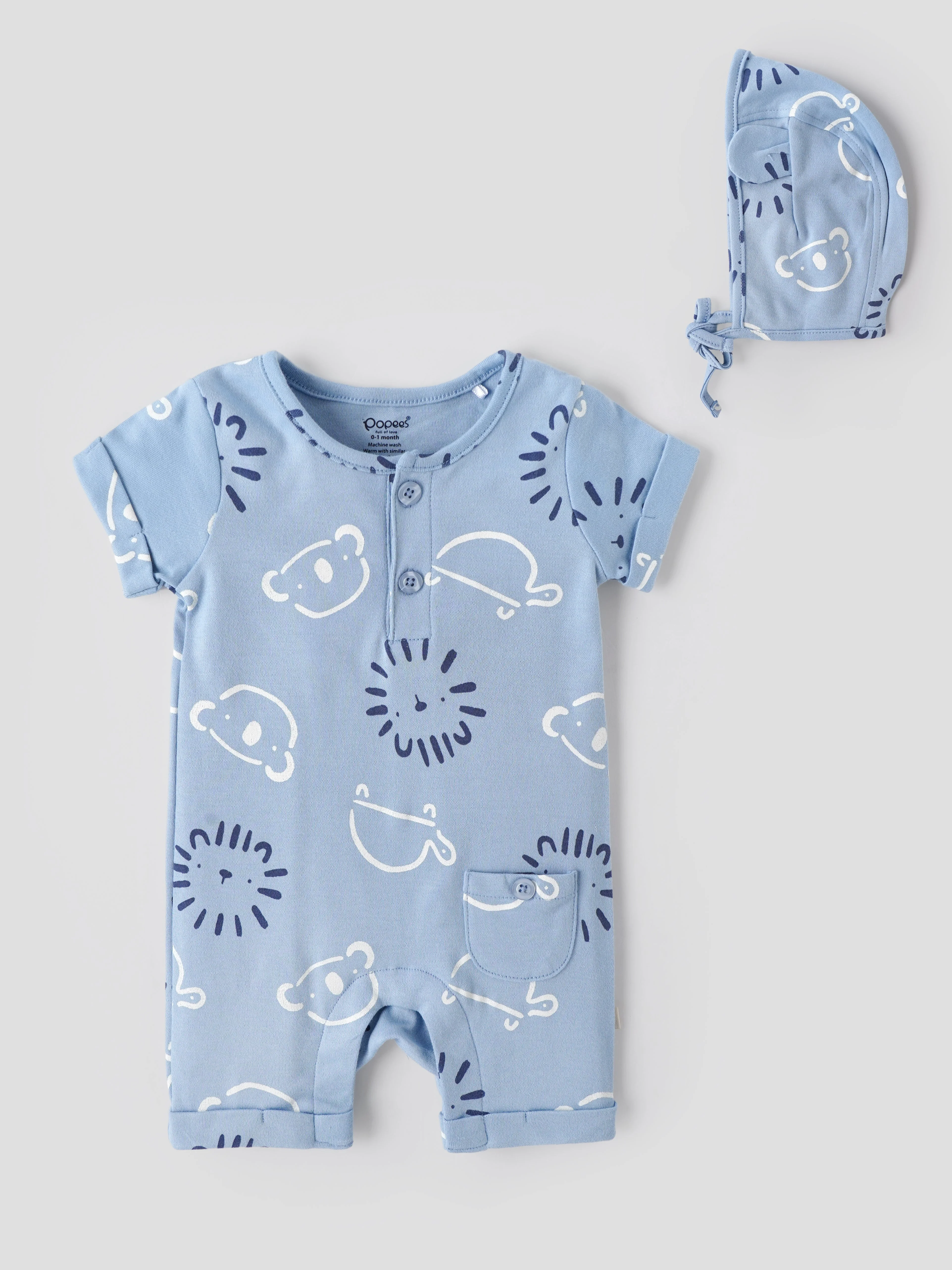 Popees Baby Boys Printed Cotton Romper Set with Cap |Henley Snap Romper (0M–9M)