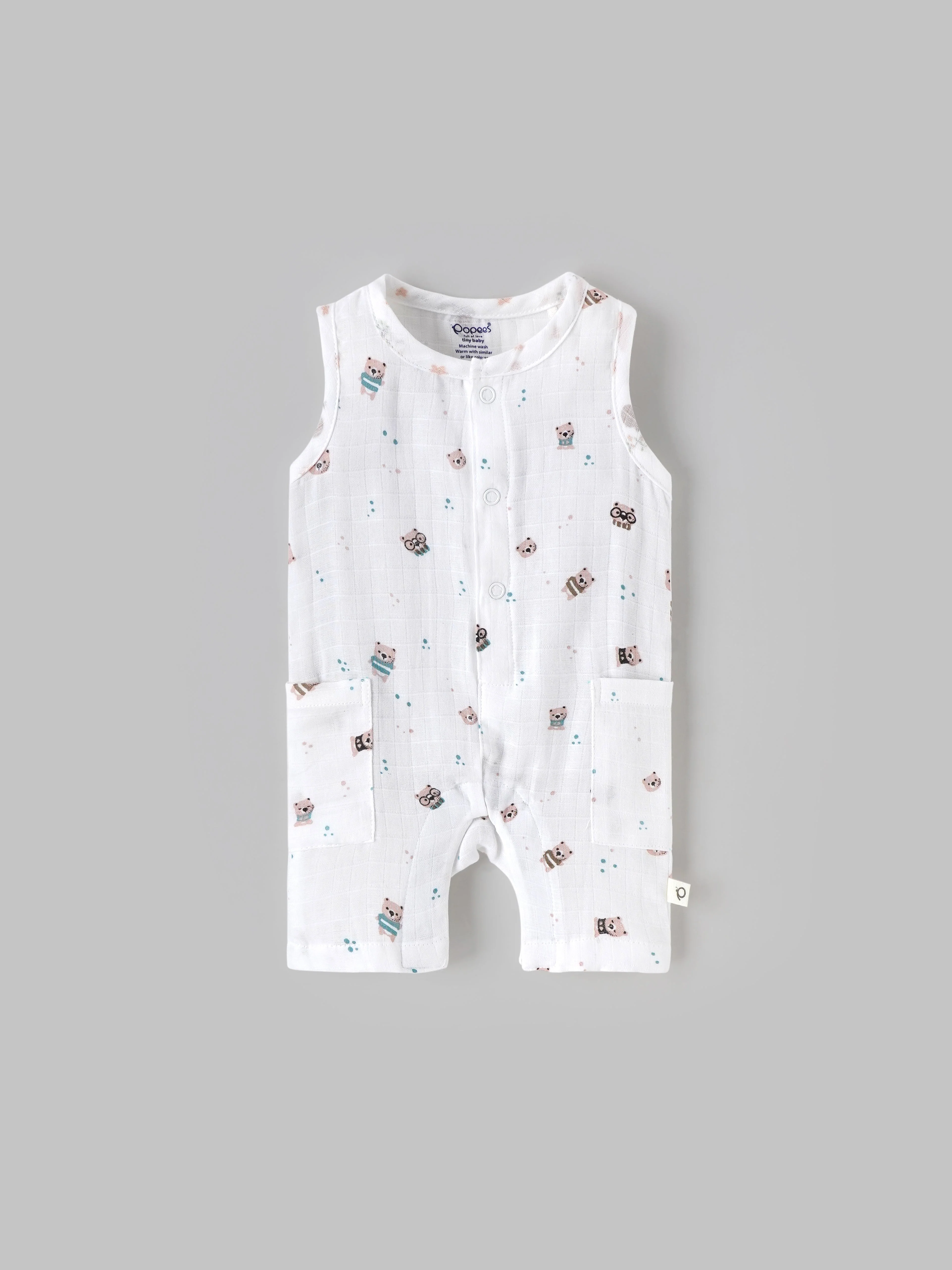 Popees Baby Boys Sleeveless Bear Print Romper| Tiny, 0–6 Months