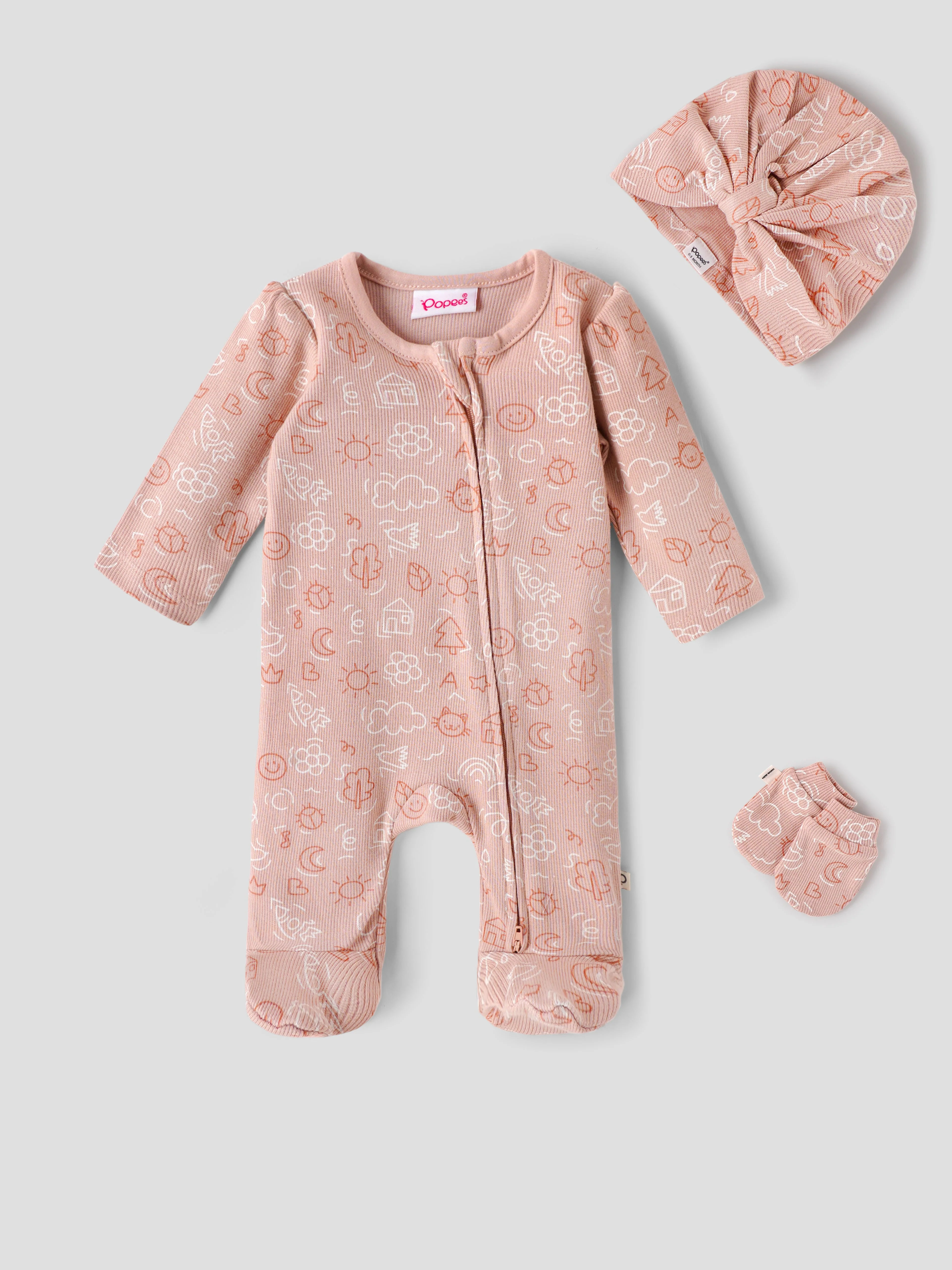 Popees Baby Girls Cotton Footed Sleepsuit Set |Full Sleeve Zip Romper with Cap & Mittens (Newborn to 9 Months) - Image 2