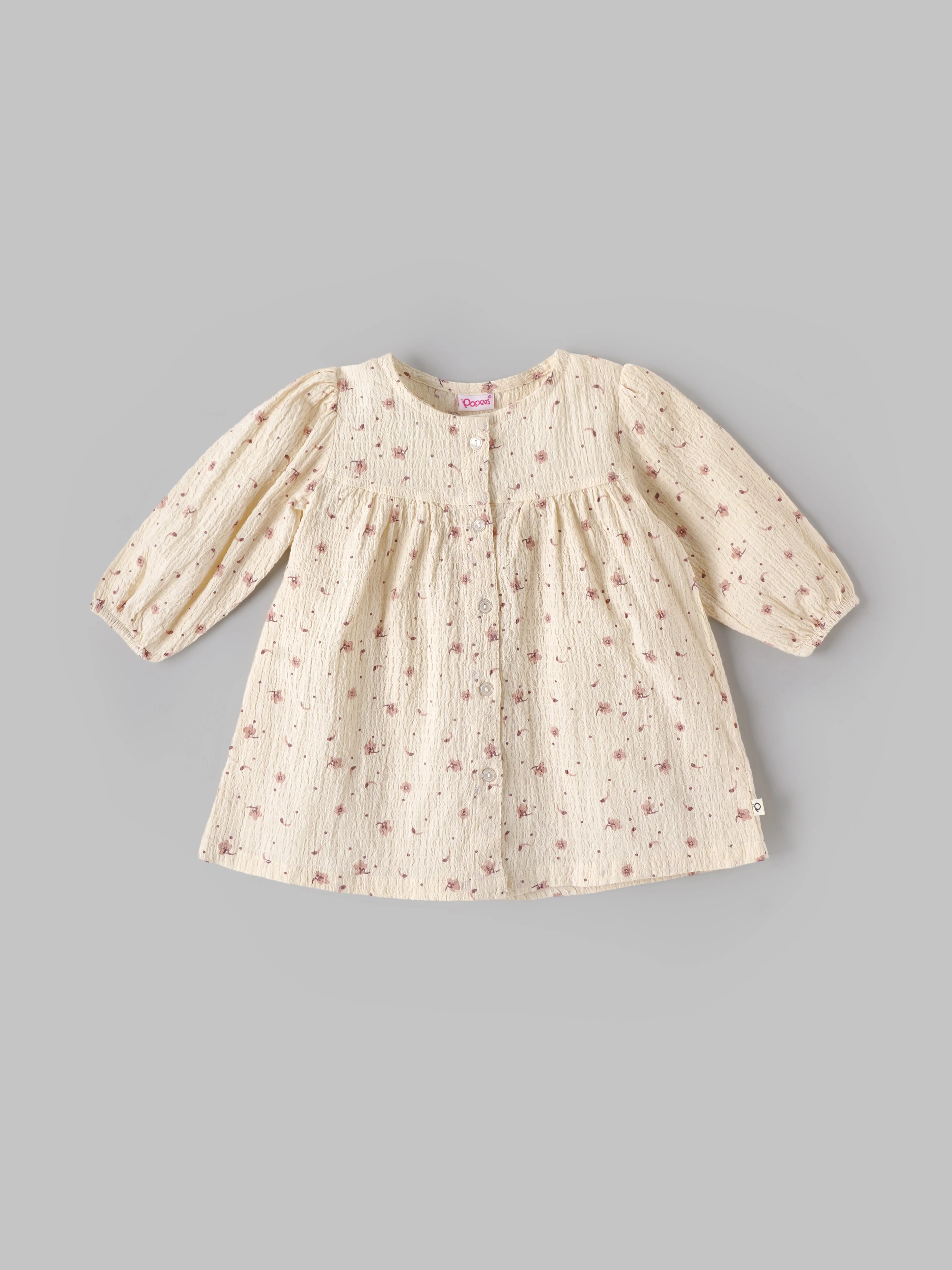 Popees Baby Girls Floral Cotton Dress |Cream Printed Long Sleeve A-Line Outfit (9 Months–4 Years)