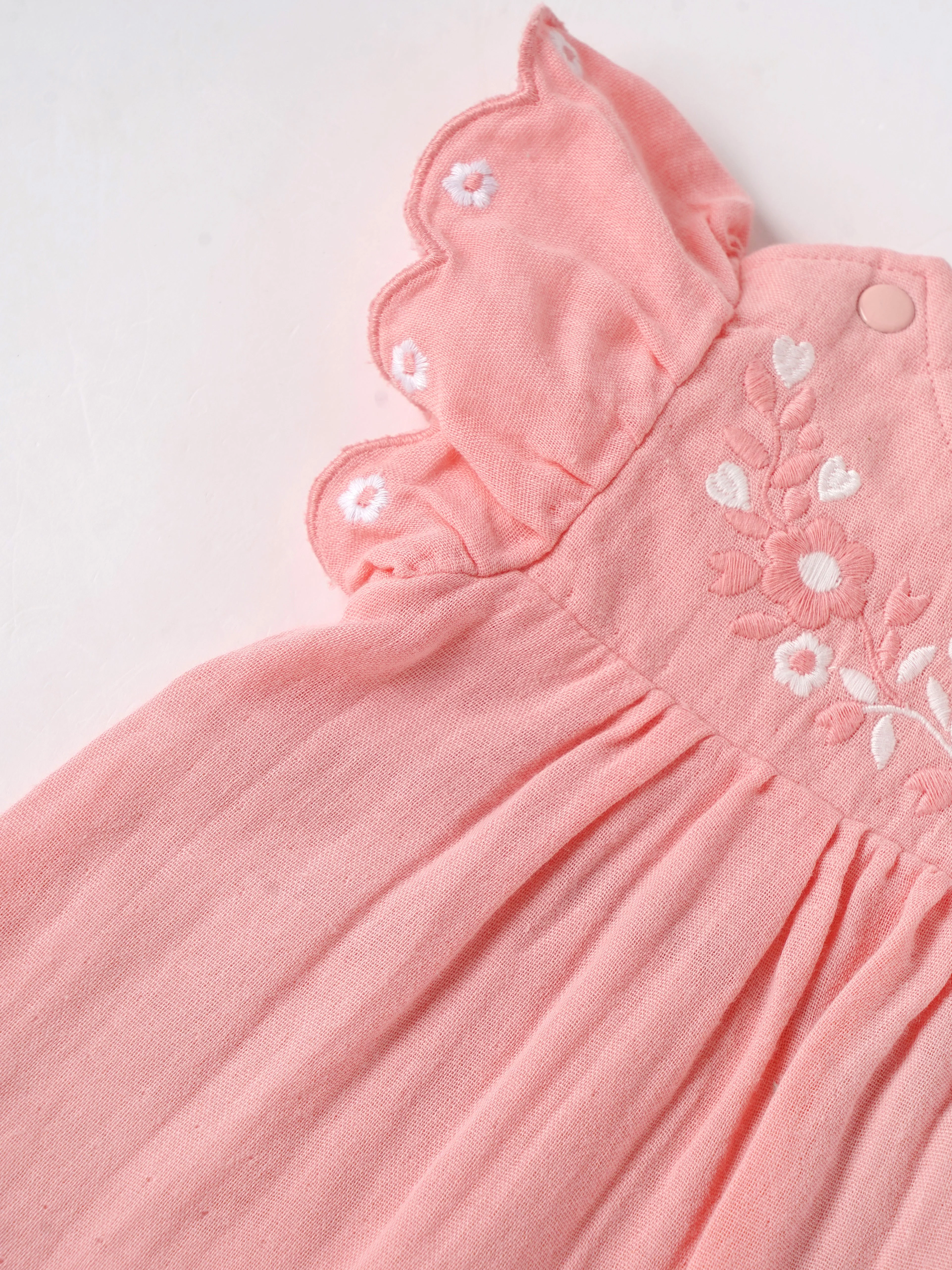 Popees Baby Girls Peach Embroidered Cotton Dress |Flutter Sleeves, Back Button, Size 0M to 9M - Image 3
