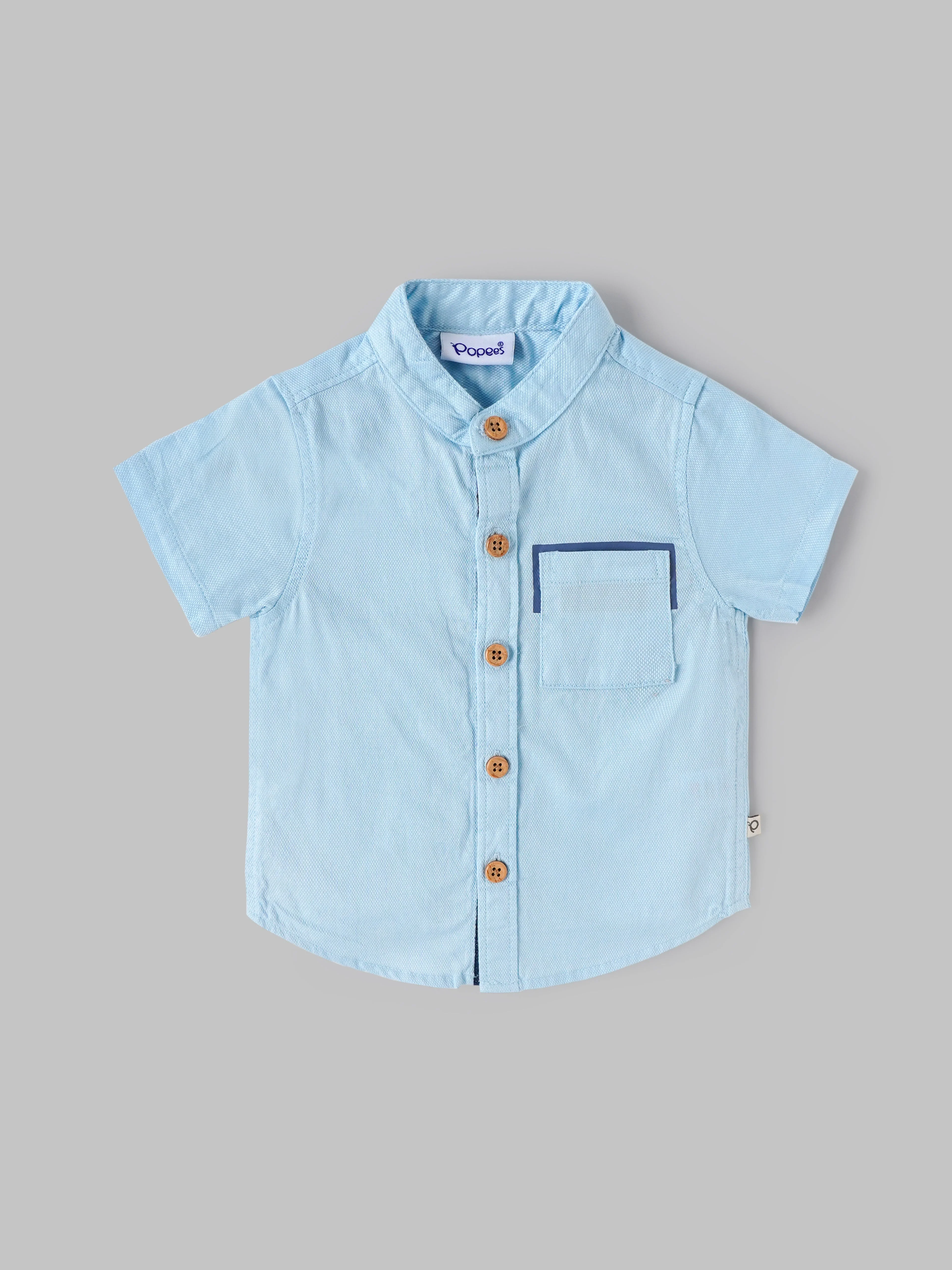 Popees Boys Cotton Mandarin Collar Shirt with Pocket, Soft Breathable Short Sleeve Casual Shirt for Baby Boys| Size 9M to 36M