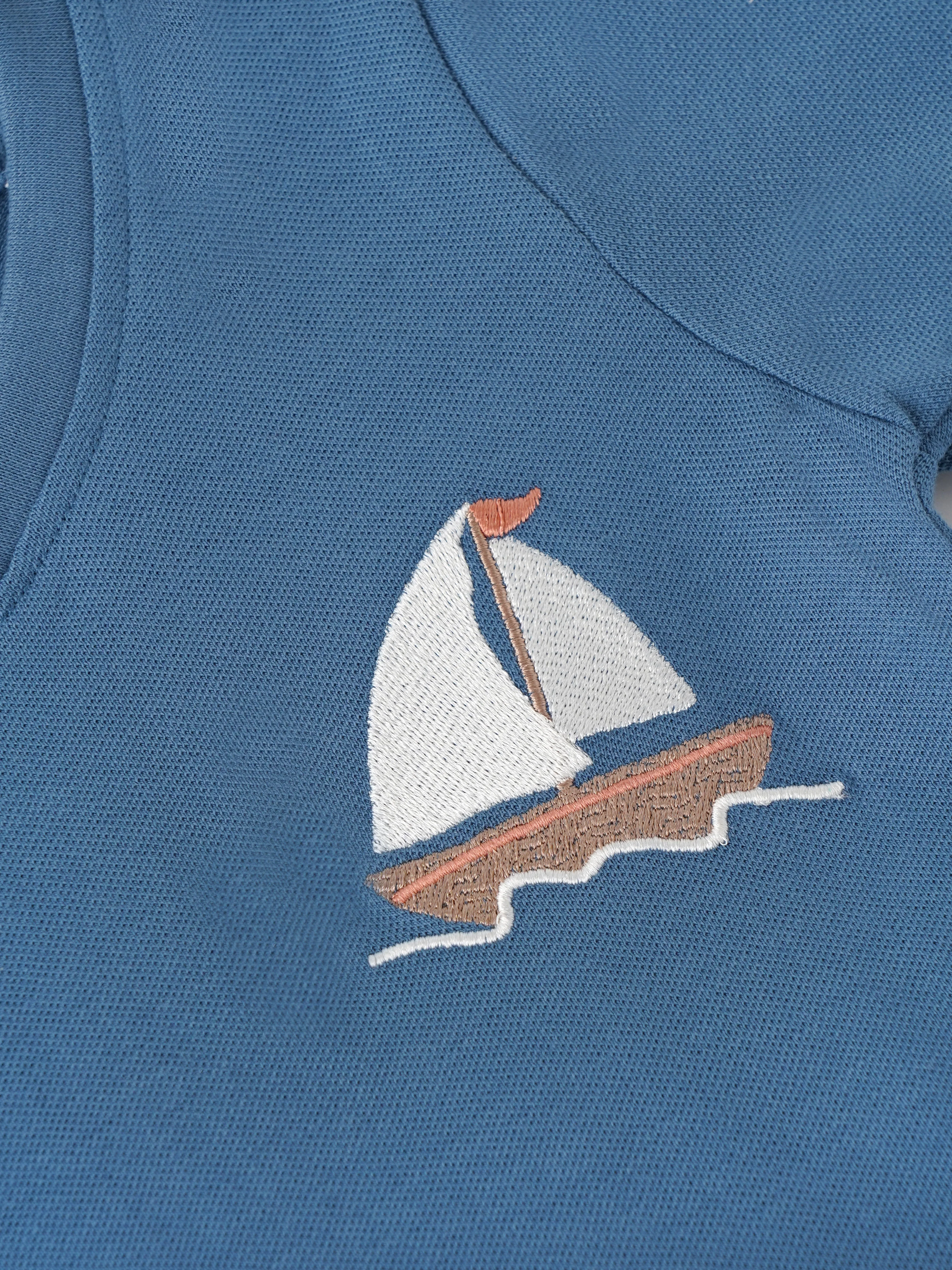 Popees Boys Sailboat Embroidered Cotton T-Shirt |Dusty Blue V-Neck Casual Wear| 9 Months–4 Years - Image 3
